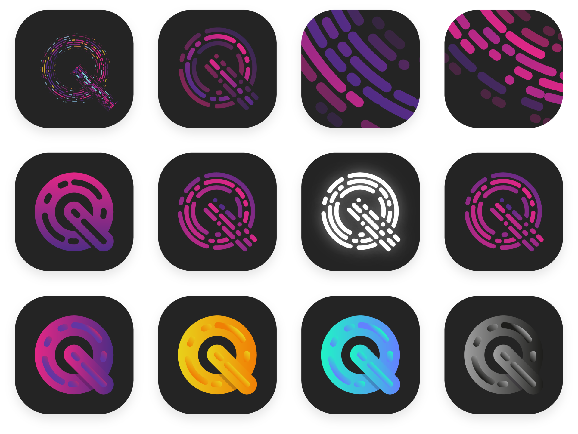 A variety of "Q"-shaped logo ideas in purples and pinks