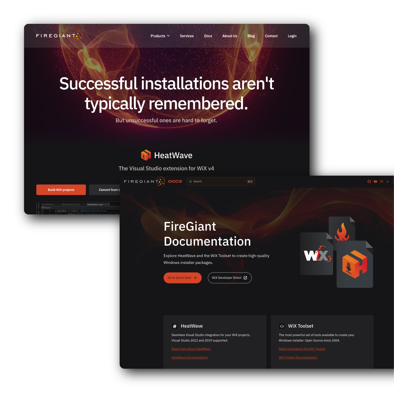 Screenshots of the firegiant website showing starlight docs and astro homepage design