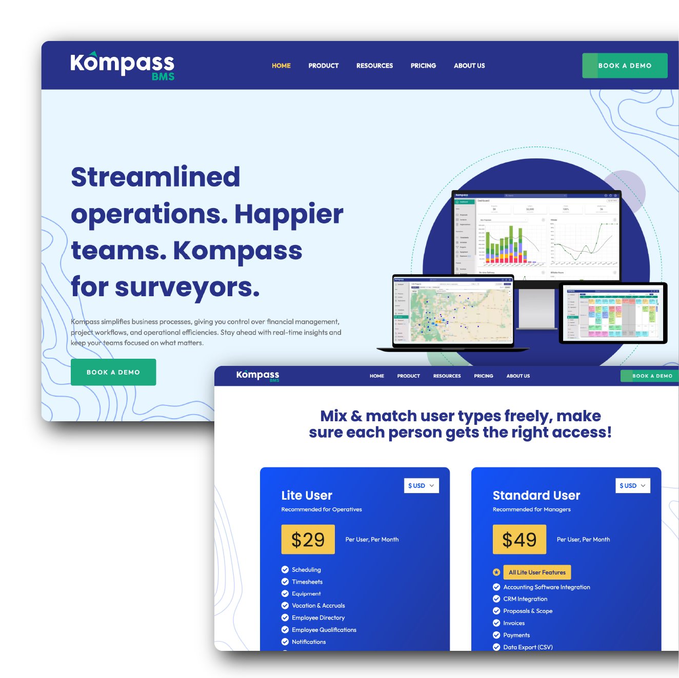 Screenshots of the kompass website showing astro homepage design