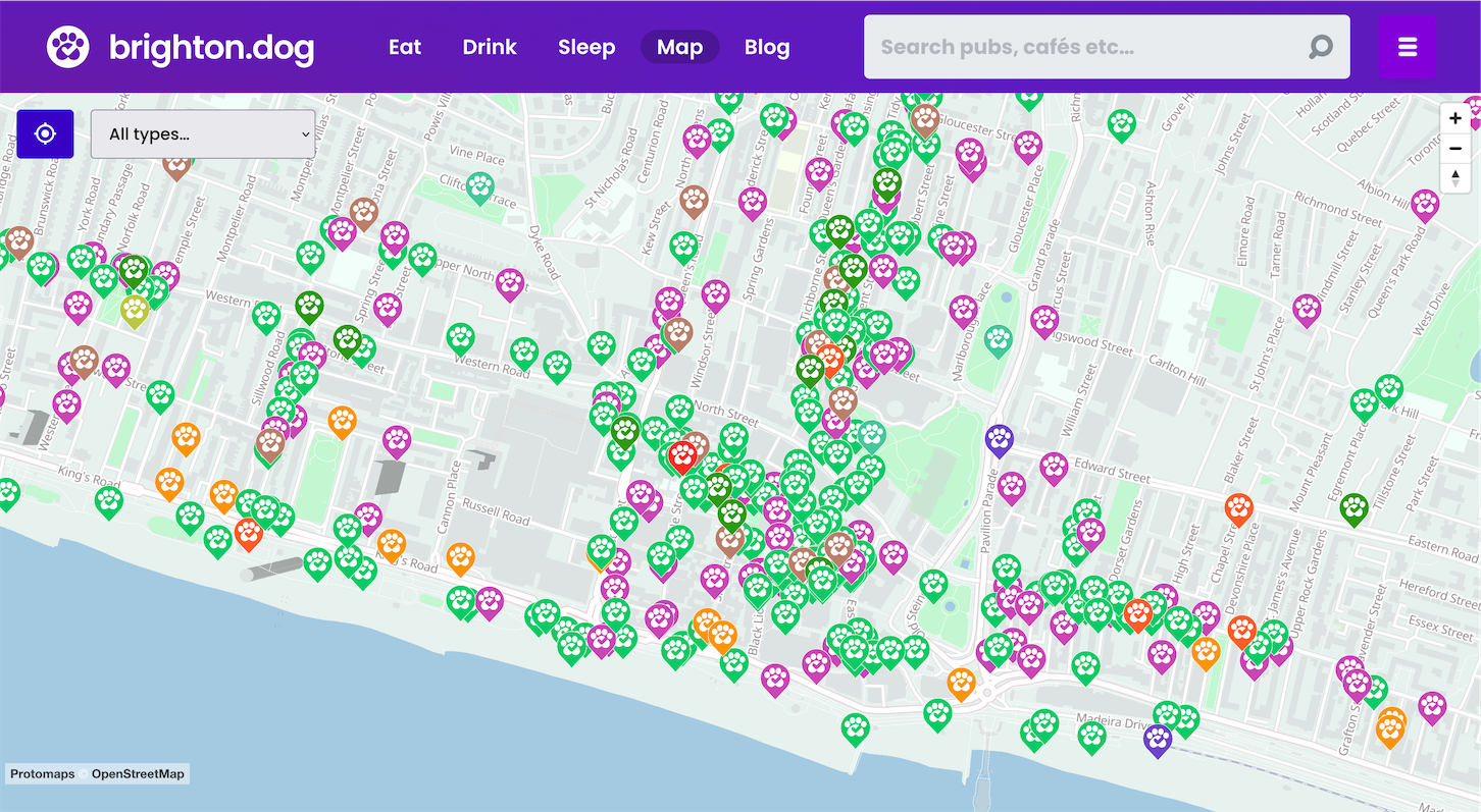 A screengrab showing a Brighton map with many markers for cafes, pubs etc
