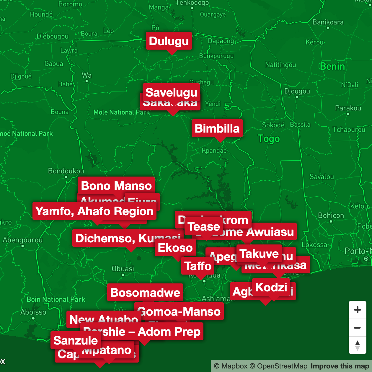 A map of Eduspots libraries in Ghana