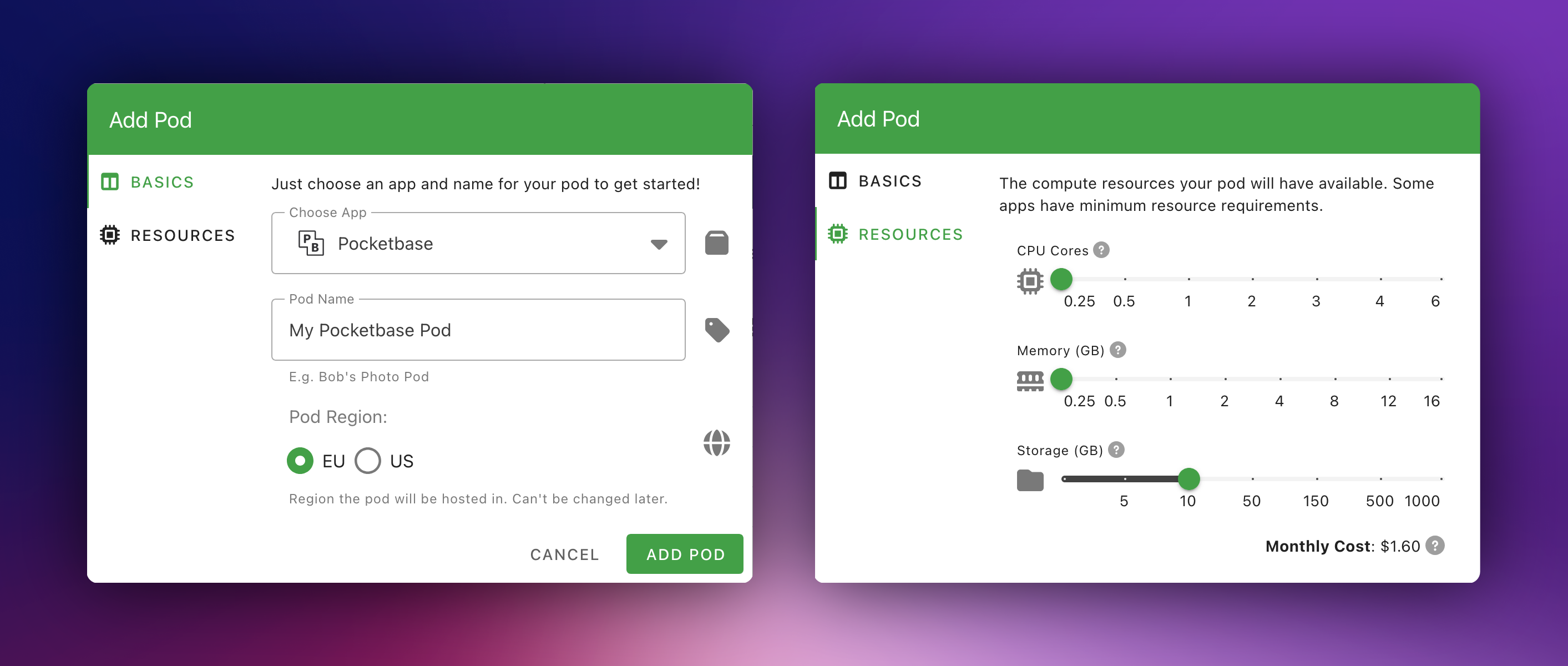 screenshot showing the add application dialog, and resource allocation (cpu, ram sliders)
