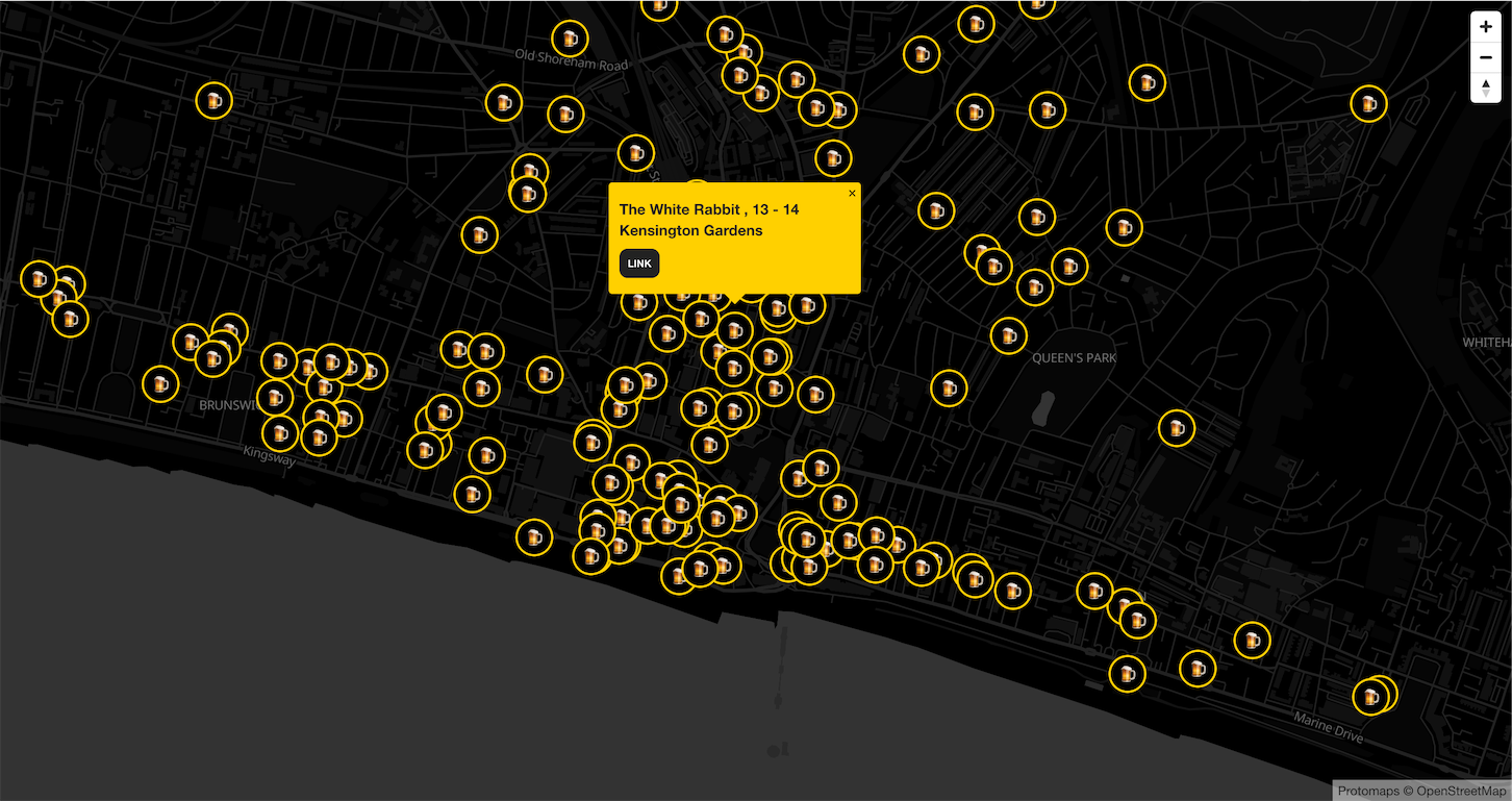 A screengrab of brighton.pub showing a black map with many yellow markers