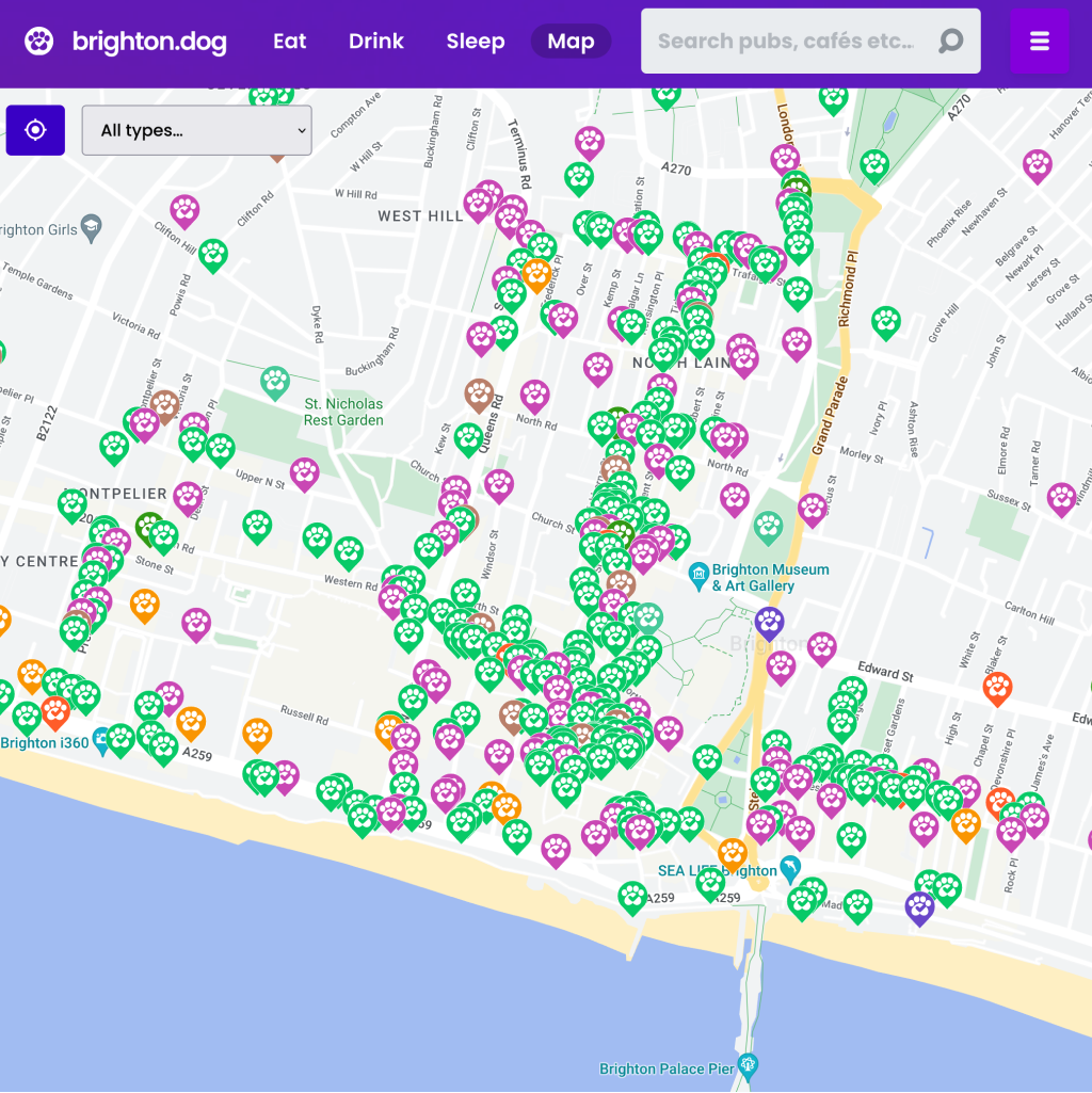 A screenshot of a map showing locations of dog-friendly venues